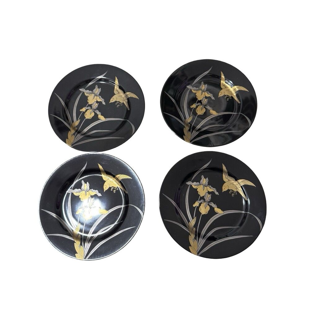 Fitz and Floyd Oiseau Dore Bird Lot Of 4 Plates 7.5" Great Condition Black Gold